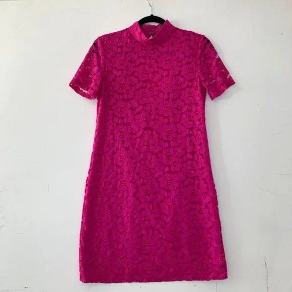 chinese dress ladies Trina Turk Size M / 10 Coral Pink Cotton Blend Lace 3/4 Sleeve Shift Dress   Labels Resale Boutique